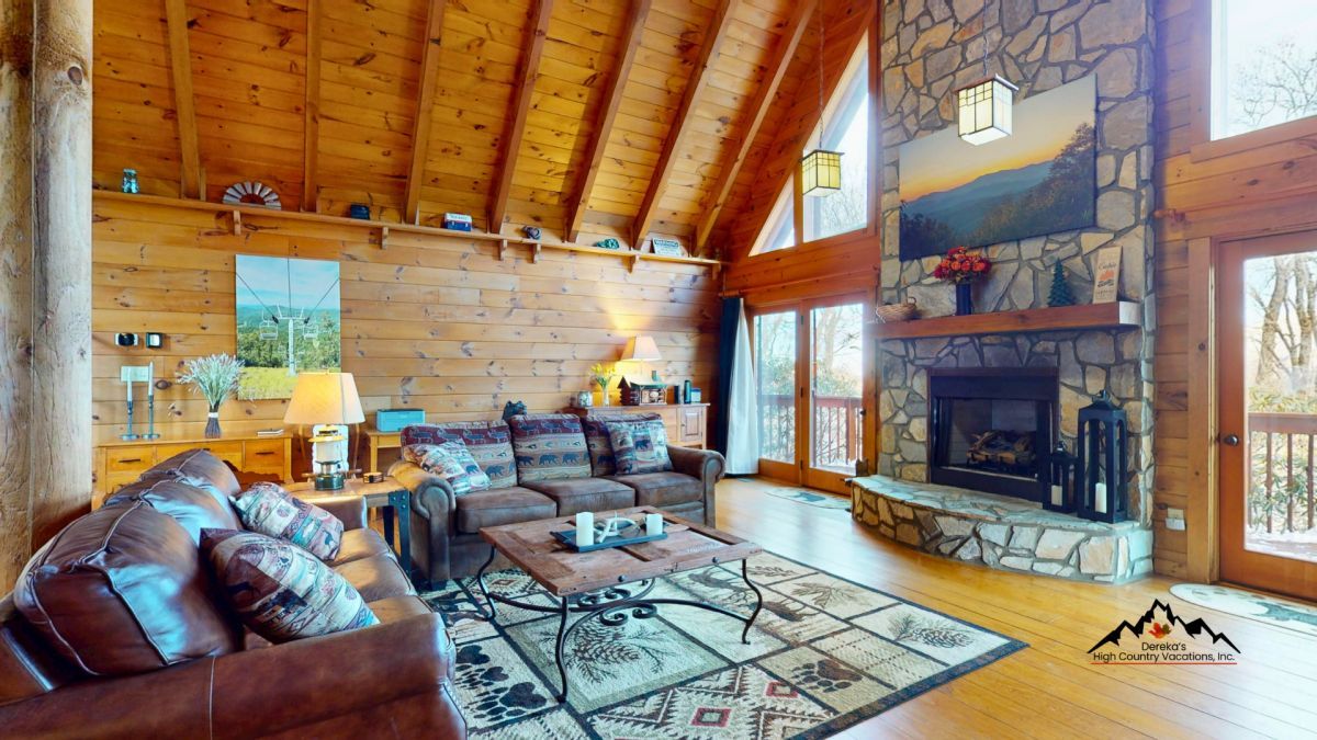 spacious living room in a mountain cabin